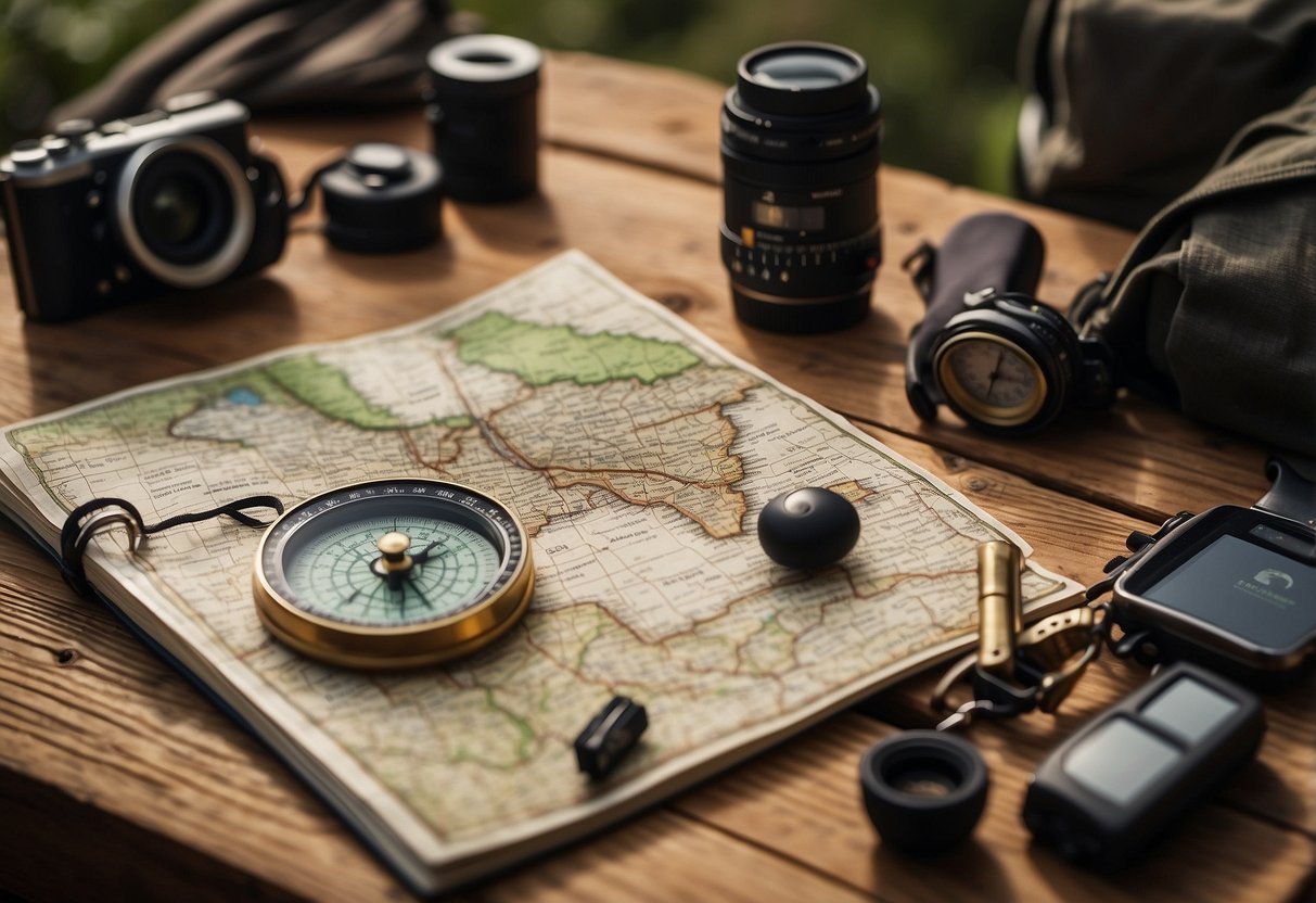 A map, compass, and GPS device lay on a rustic wooden table surrounded by hiking gear and a notebook filled with handwritten notes and coordinates