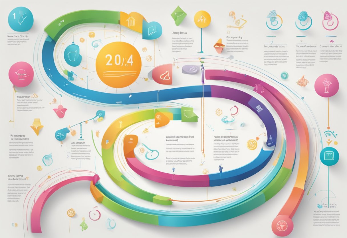 Fun Ways to Track Weight Loss: A colorful chart with a winding path, leading to a goal weight at the end. Various symbols and markers show progress along the way