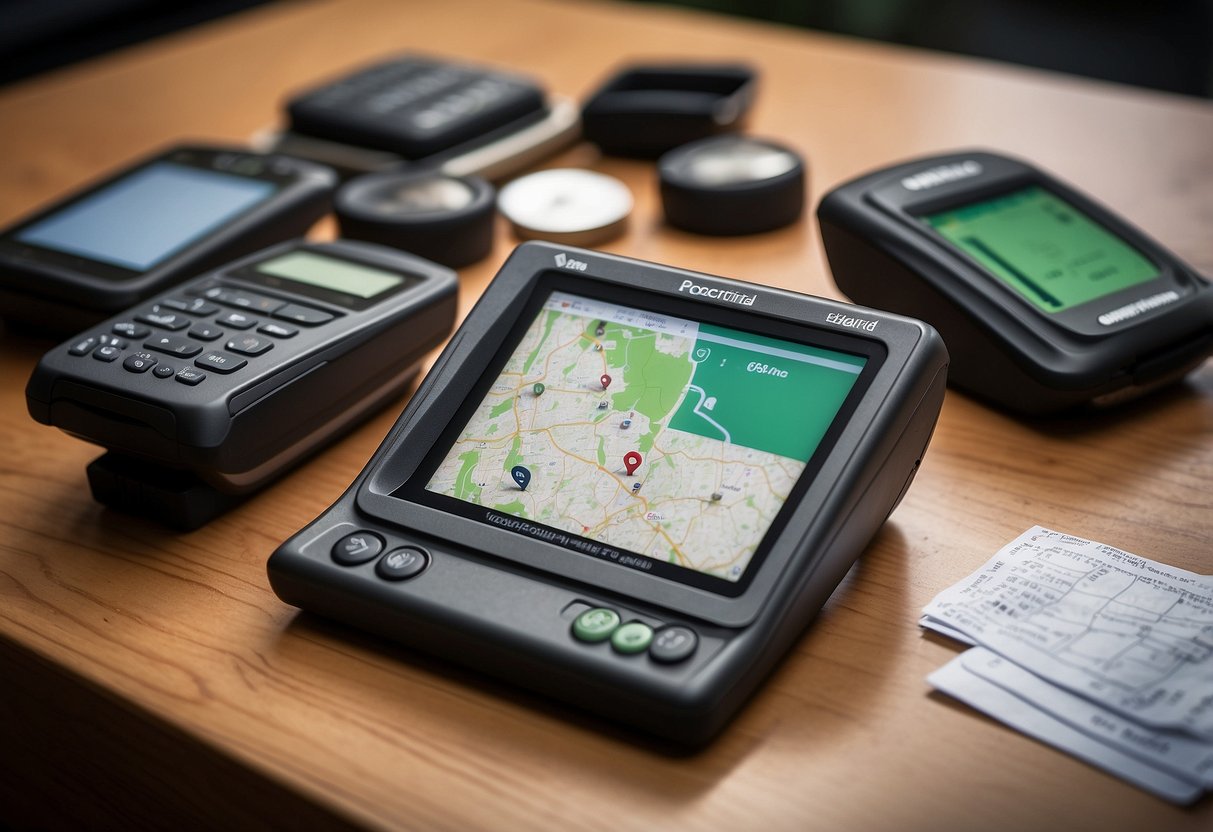 A table with 5 GPS devices, each displaying geocaching locations on their screens. Maps, compasses, and logbooks are scattered around