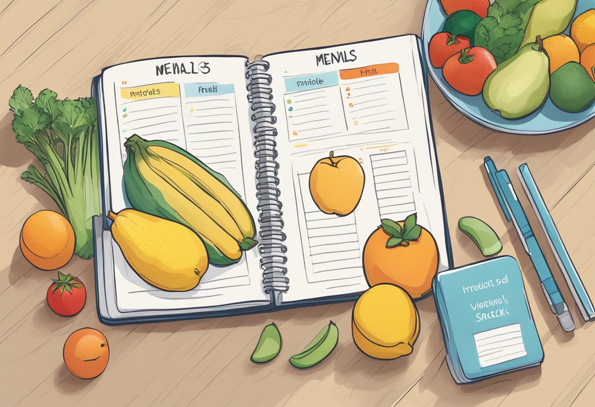 Fun Ways to Track Weight Loss: A colorful journal with labeled sections for meals, snacks, and water intake sits open on a kitchen counter. A variety of fruits and vegetables are arranged nearby, ready to be logged