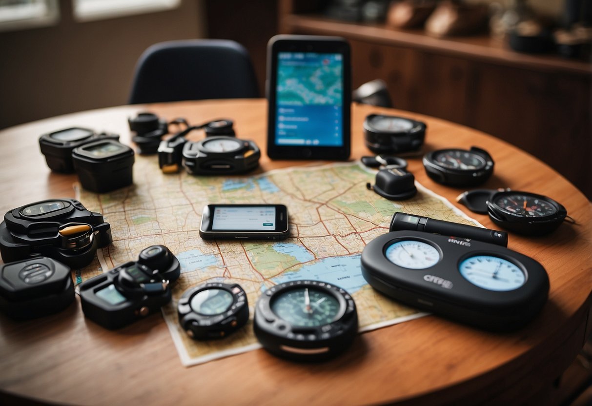 A table with 5 GPS devices, surrounded by maps, compasses, and geocaching tools. The devices are being updated and maintained by unseen hands