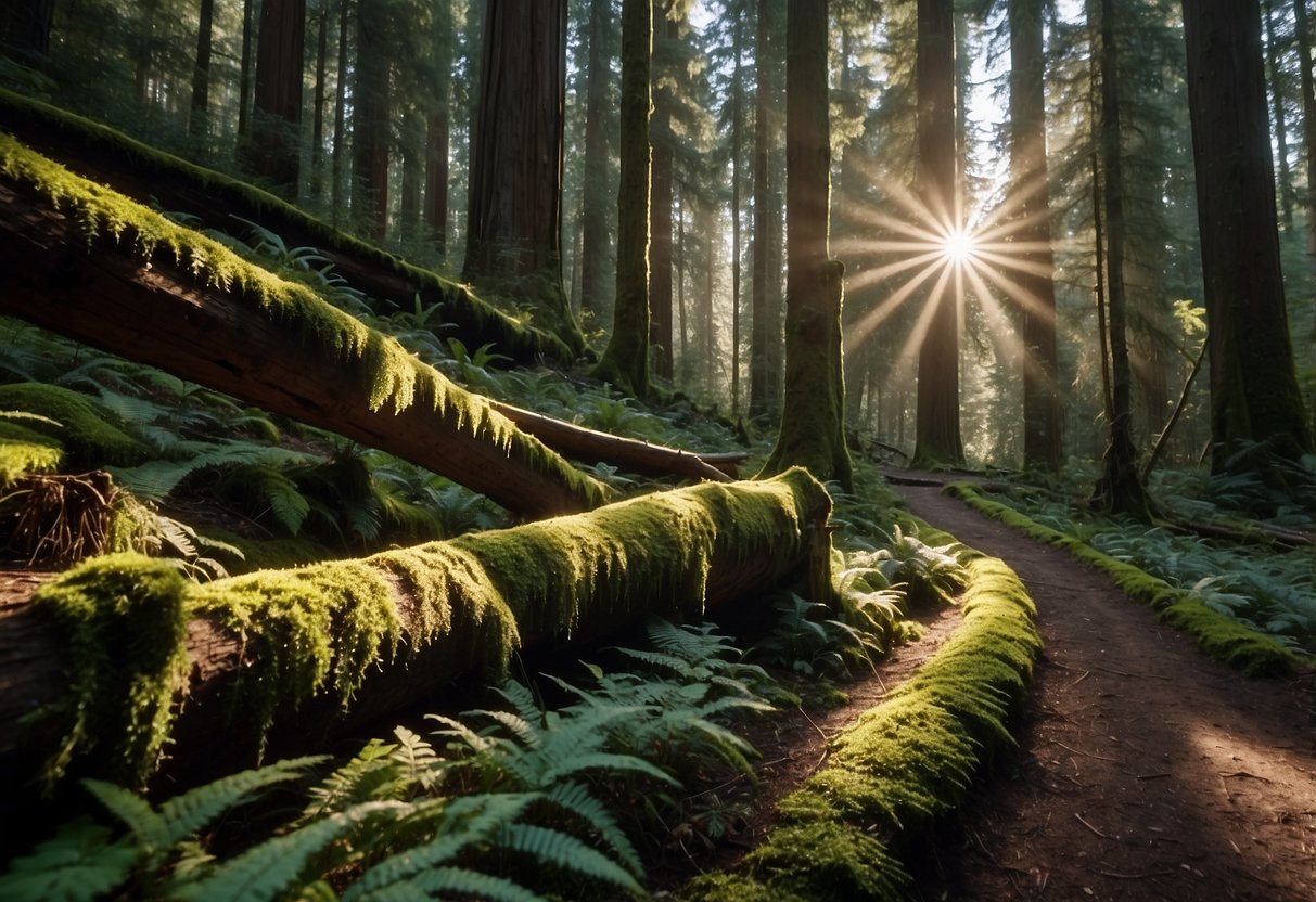 A lush forest trail winds through towering redwoods, leading to a hidden geocache nestled beneath a moss-covered fallen log. Sunlight filters through the canopy, casting dappled shadows on the forest floor