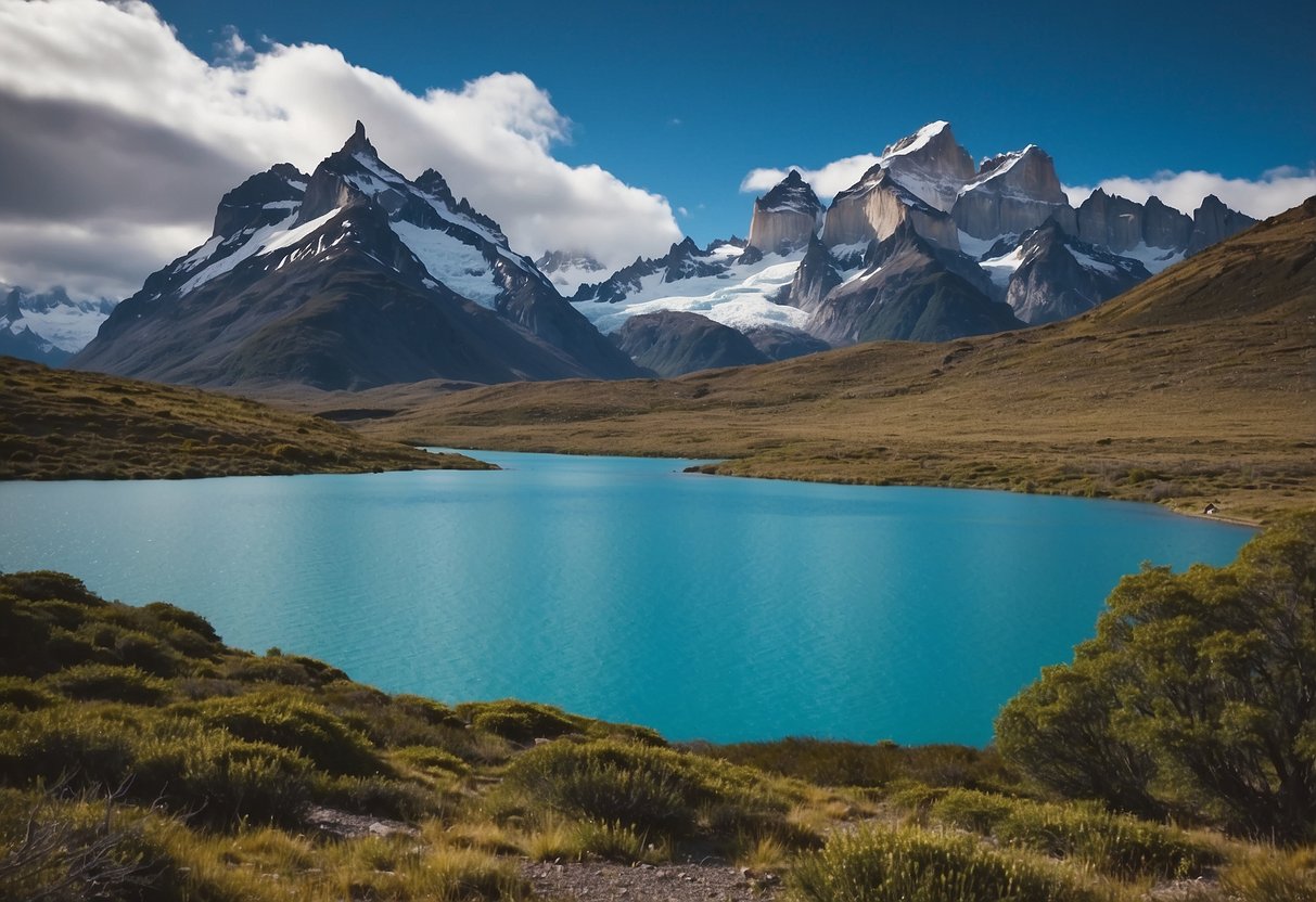 Vast mountainous landscape with vibrant blue lakes, lush greenery, and snow-capped peaks in Torres del Paine, Chile