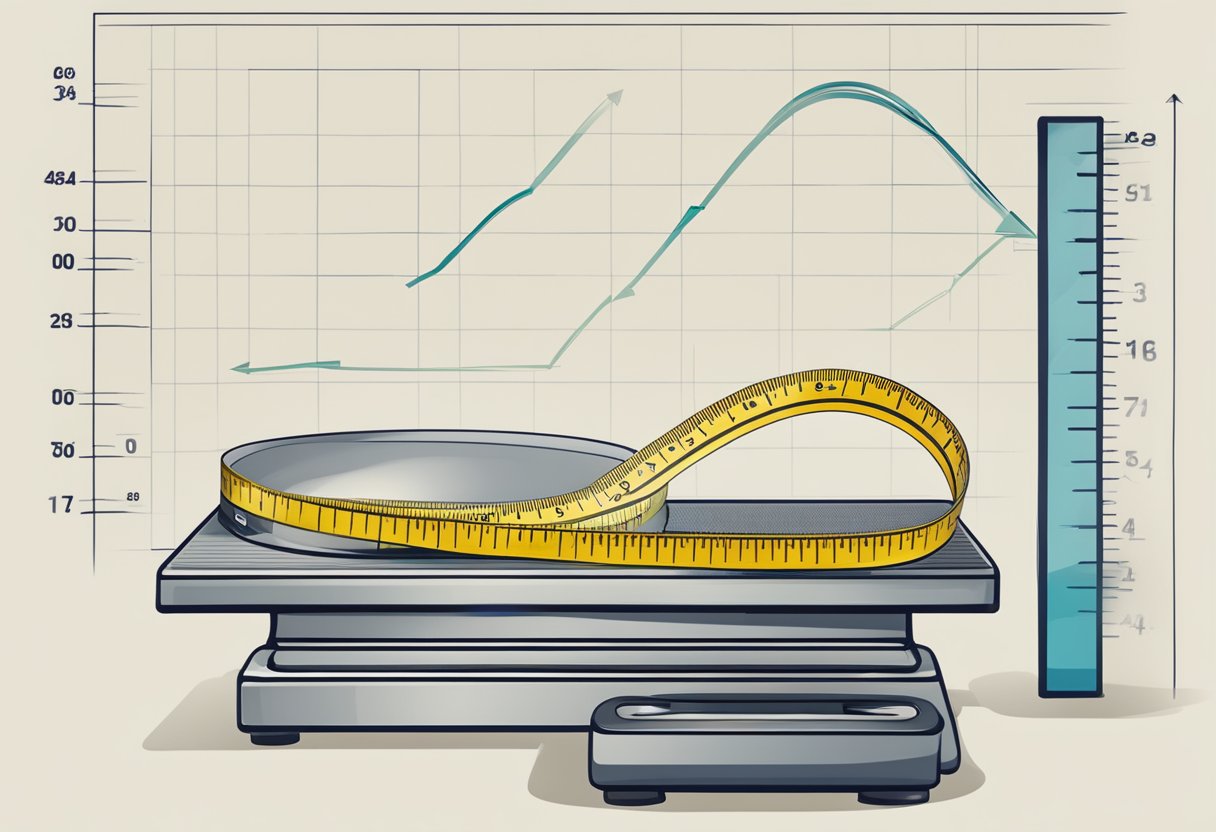 How to Track Your Weight Loss Progress: A scale with decreasing numbers, a tape measure, and a chart showing downward trend