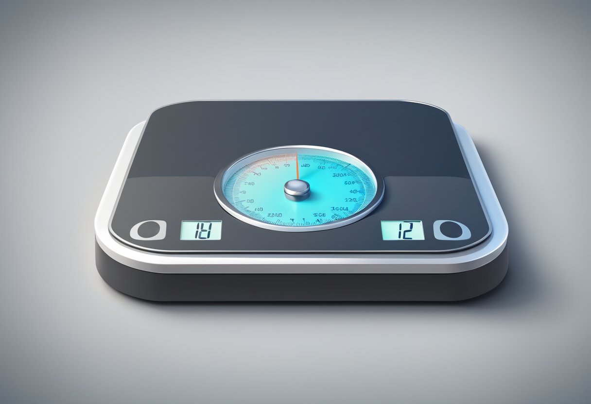 How to Track Your Weight Loss Progress: A scale with a clear digital display showing weight decreasing over time. A chart or graph next to it tracking progress