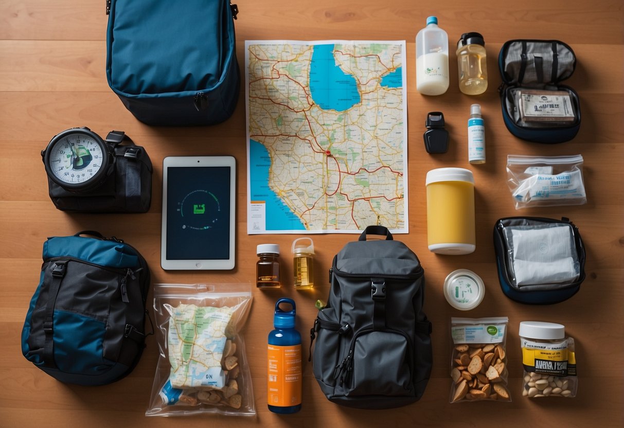 A table with a map, compass, GPS device, and various sized containers. Items such as snacks, water, and first aid kit are neatly packed in a backpack. Outdoor gear and clothing are laid out ready for packing