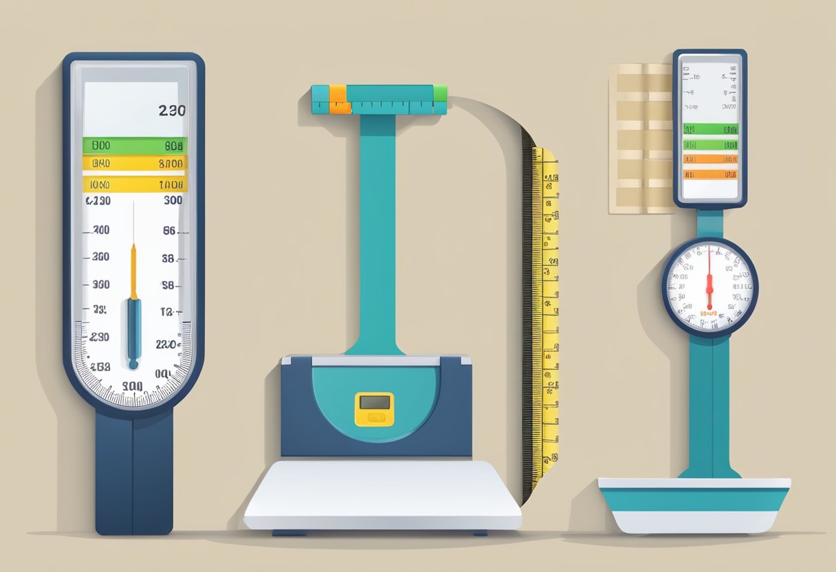 How to Track Your Weight Loss Progress: A scale with a digital display showing decreasing numbers. A tape measure wrapped around a waistline, with smaller measurements. A chart with a downward trend