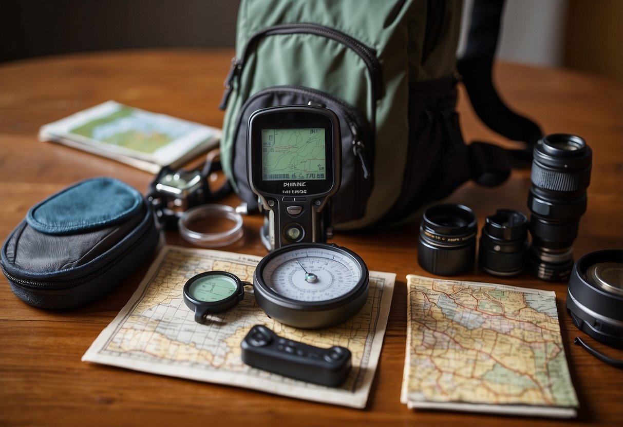 A compact hiking GPS sits on a cluttered table surrounded by a map, compass, and various geocaching supplies. A backpack is open nearby, ready to be efficiently packed for the trip