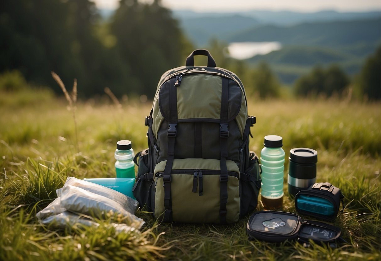 A lightweight backpack sits open on a grassy clearing, filled with neatly organized geocaching essentials. A map, compass, water bottle, and snacks are carefully packed inside, ready for adventure