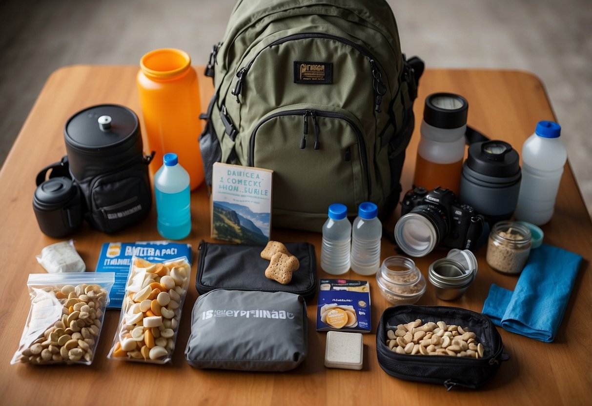 A backpack filled with high-protein snacks, water bottle, map, compass, and flashlight. Geocaching tools and supplies neatly organized for efficient packing