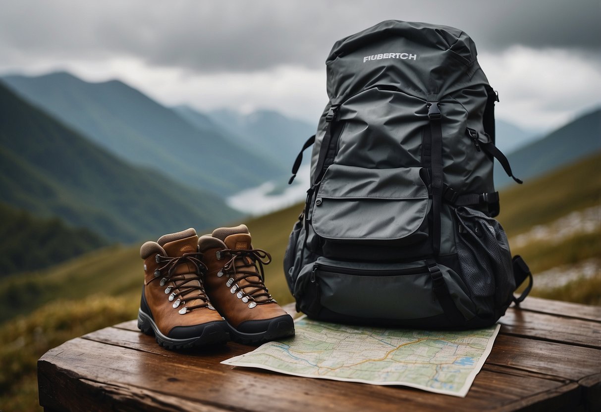 A backpack filled with weather-resistant clothing, a map, and a GPS device sits on a table. A pair of hiking boots and a rain jacket are neatly folded next to it