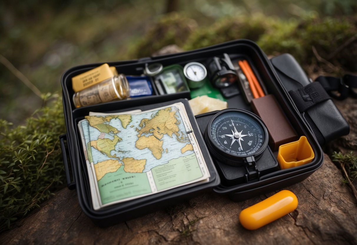 A waterproof map case lies open with geocaching essentials neatly packed inside, including a compass, notebook, pen, and snacks. Seven tips for efficient packing are written on a nearby piece of paper