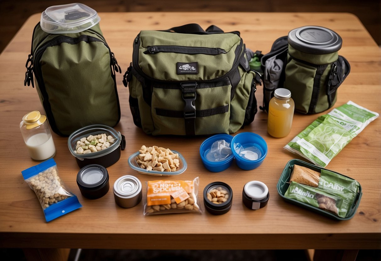 A table with open re-sealable storage bags, filled with geocaching essentials. Map, compass, snacks, and water bottle are neatly organized for efficient packing