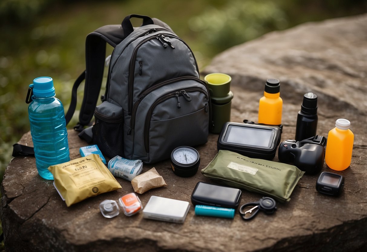 Supplies laid out neatly: GPS device, compass, water bottle, snacks, first aid kit, sunscreen, insect repellent. Backpack open, ready to be filled