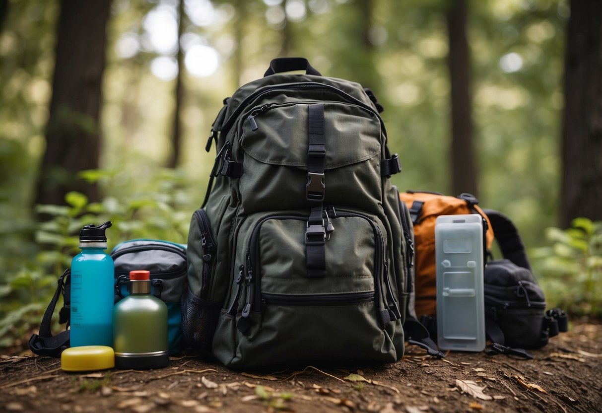 A backpack open on the ground, filled with geocaching essentials: GPS device, water bottle, snacks, first aid kit, and extra clothing neatly packed. A checklist and map lay nearby