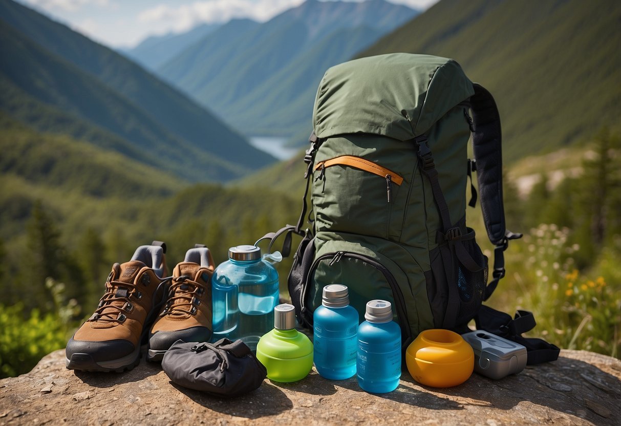 A hiker's backpack open, revealing lightweight geocaching apparel: quick-dry shirt, convertible pants, sun hat, hiking shoes, and a compact water bottle