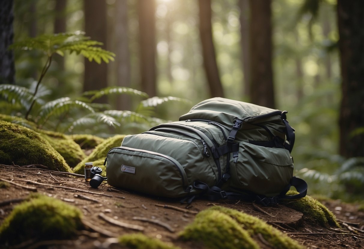 A hiker's backpack lies open, revealing a neatly folded Columbia Silver Ridge Lite Shirt. The surrounding gear suggests a geocaching adventure in a lush, wooded setting