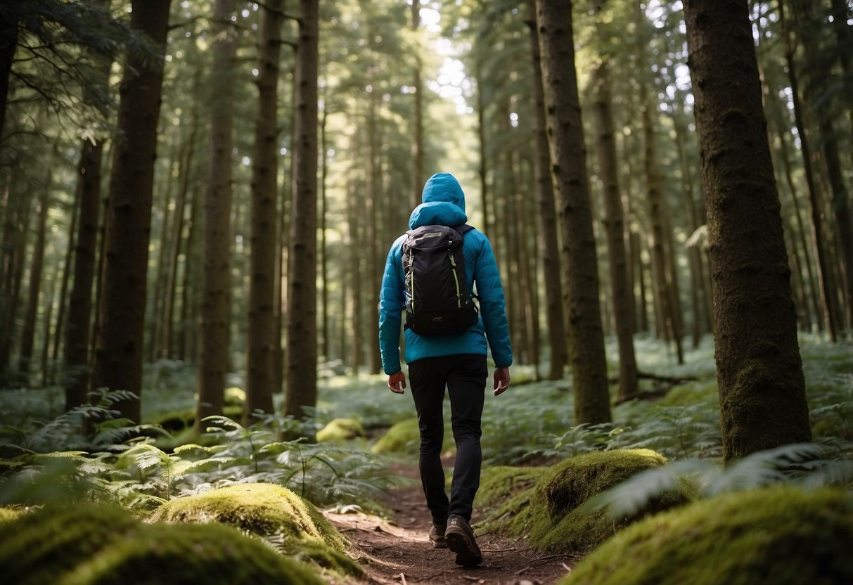 A hiker wearing the Arc'teryx Cormac Hoody searches for geocaches in a lush forest, surrounded by tall trees and a clear blue sky