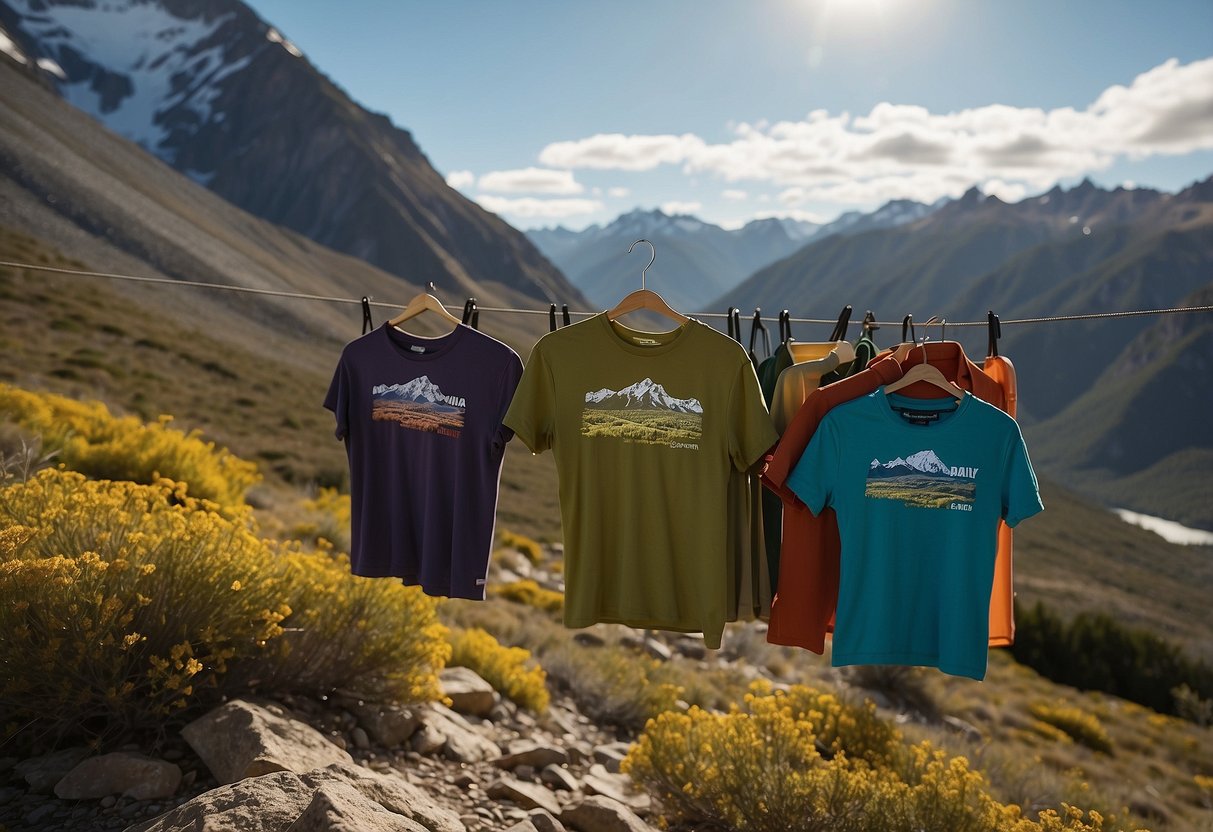 A colorful Patagonia Capilene Cool Daily Graphic Shirt hangs on a line amidst lightweight geocaching gear in a scenic outdoor setting