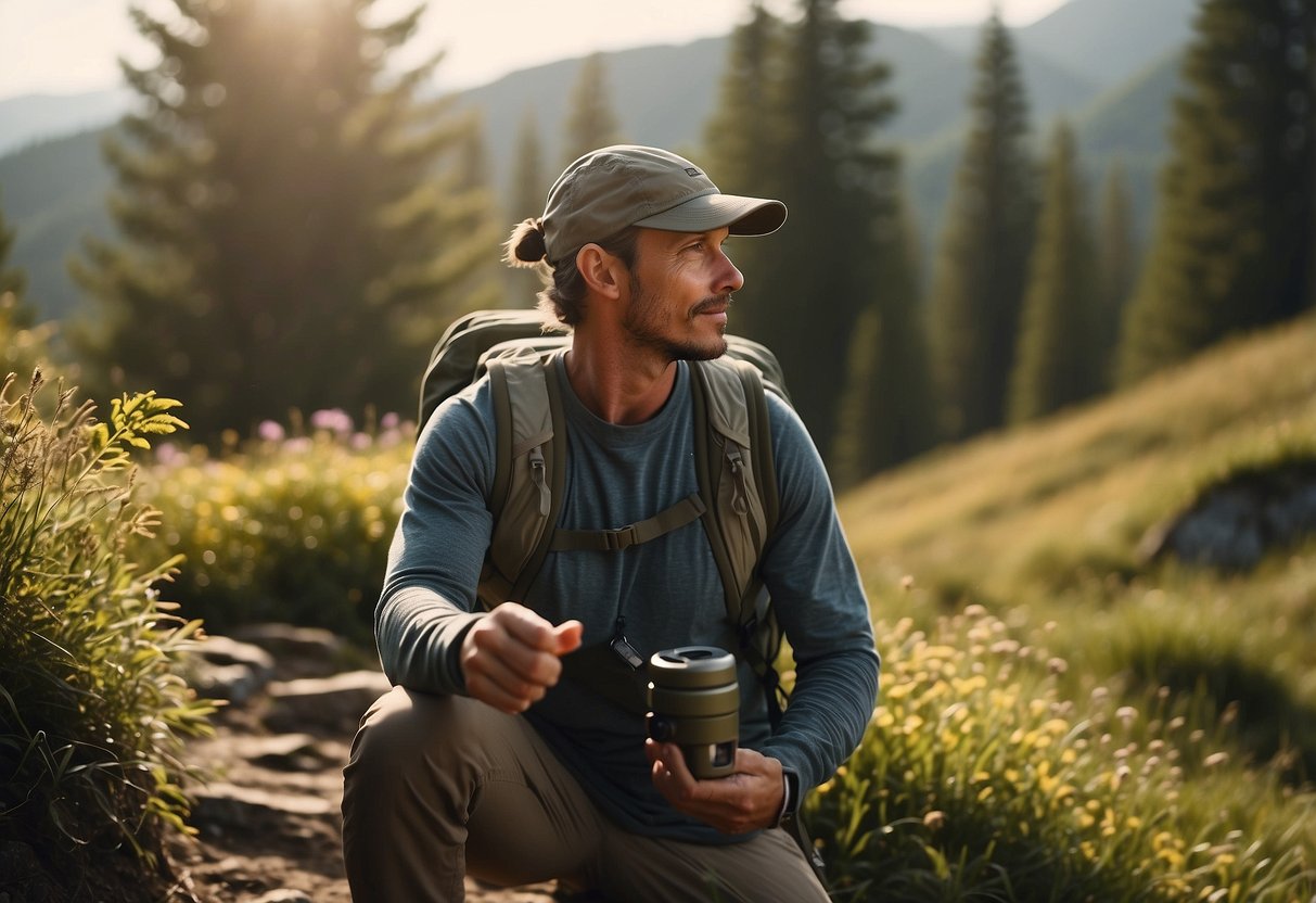 A sunny day with a hiker wearing the Outdoor Research Echo Sun Cap, lightweight geocaching apparel, surrounded by nature