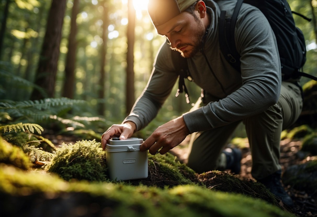 A hiker wearing lightweight, quick-drying clothing reaches into a hidden geocache container in a lush forest setting. The sun shines through the trees, highlighting the breathable fabric of the apparel