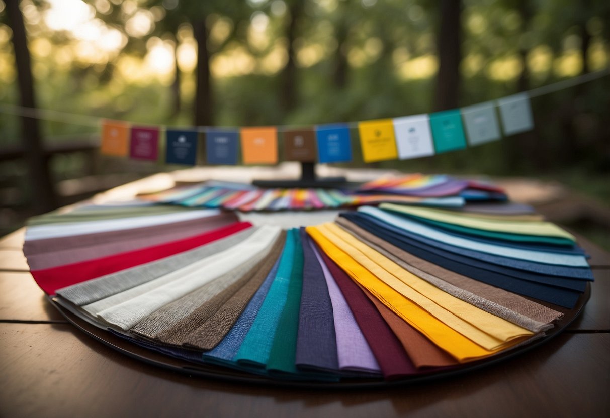 A table displaying various lightweight fabric swatches and outdoor gear, with a sign reading "Material Choices for Geocaching Apparel" prominently displayed