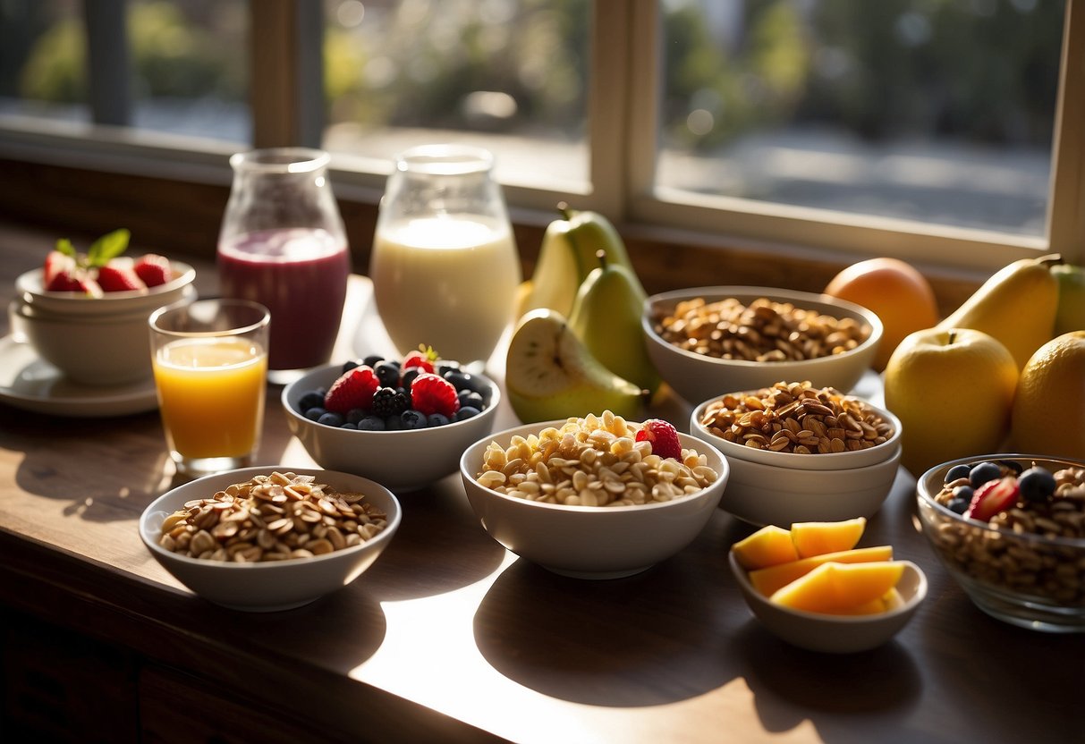 A table set with a variety of breakfast foods, including fruits, yogurt, granola, and smoothies. Sunlight streams in through a window, casting a warm glow on the spread