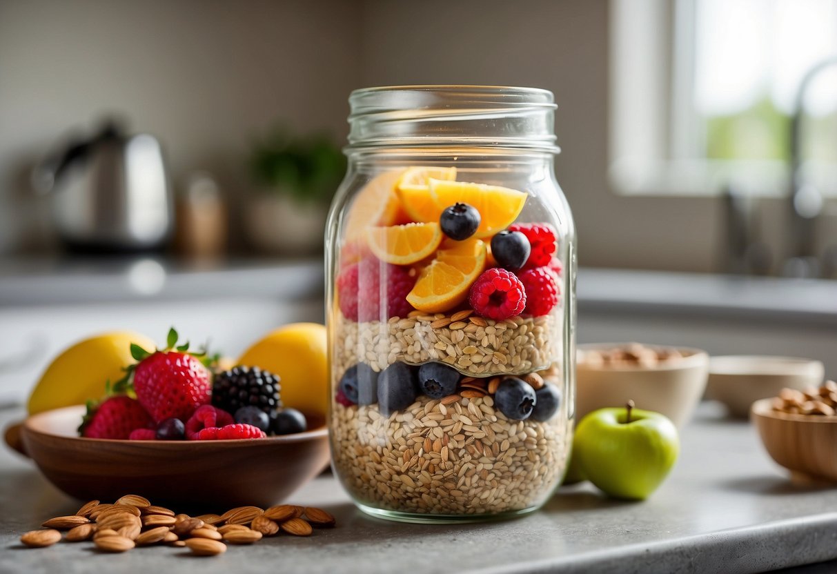 A mason jar filled with oats, chia seeds, and milk, topped with fresh fruit and nuts, sitting on a kitchen counter