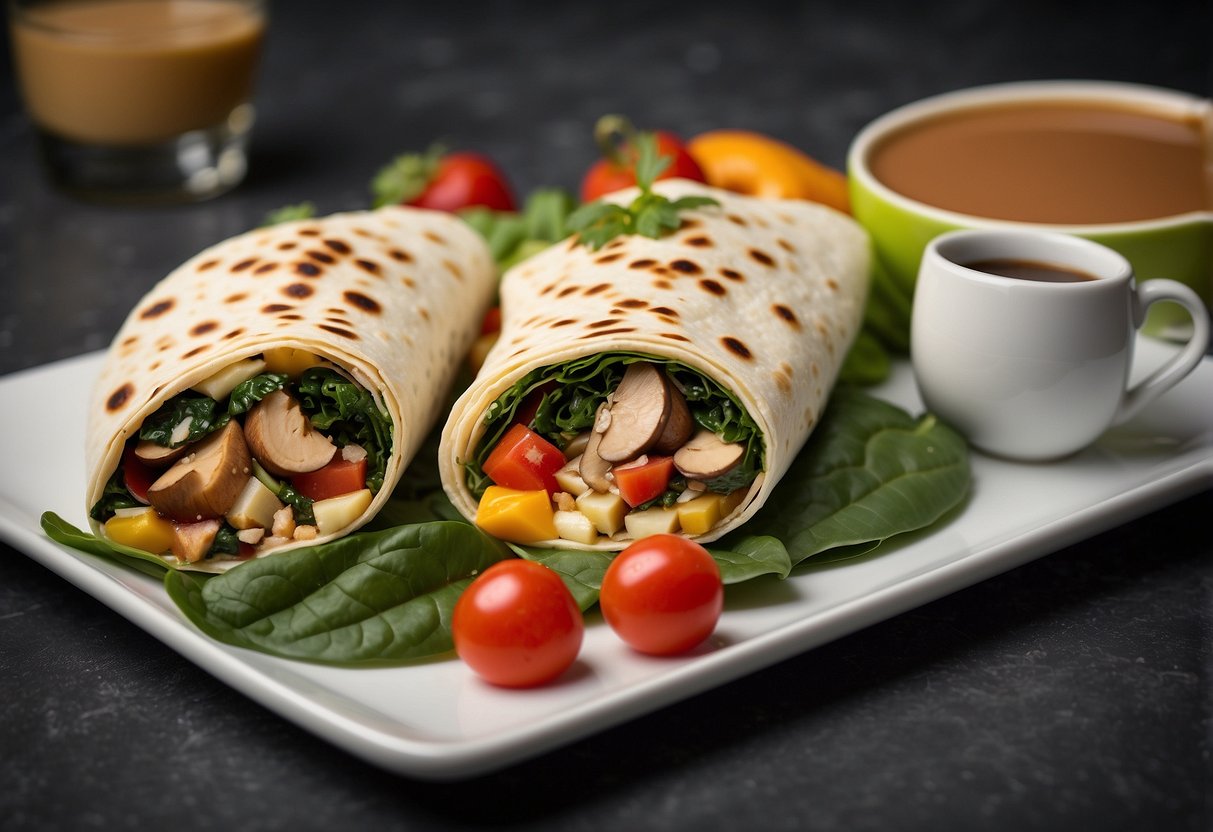 A plate with two breakfast burritos filled with spinach and mushrooms, alongside a variety of fruits and a cup of coffee on a table