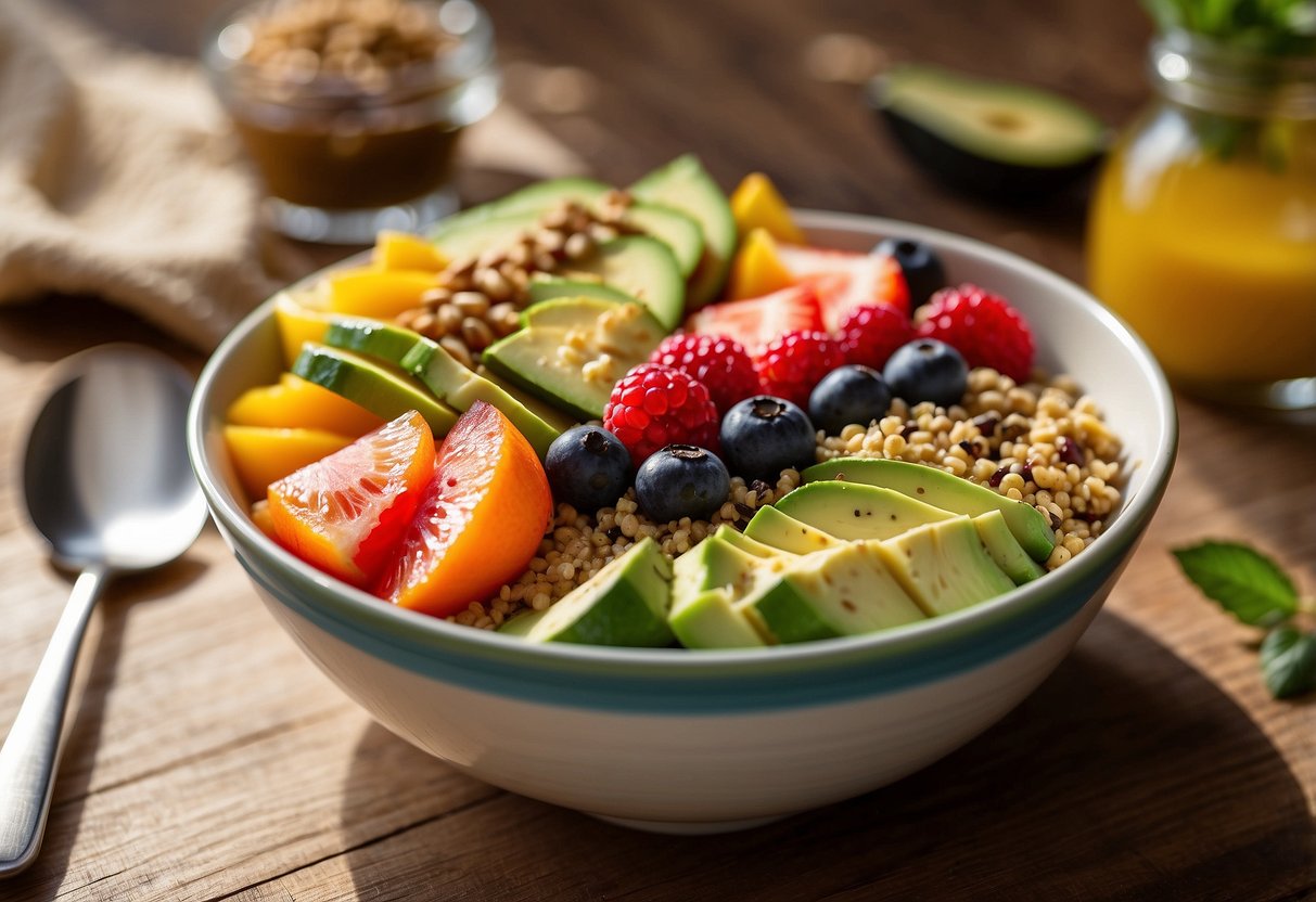 A colorful breakfast bowl with quinoa, avocado, and fresh fruits arranged on a wooden table with a spoon and napkin. Sunlight streams in from a window, casting a warm glow