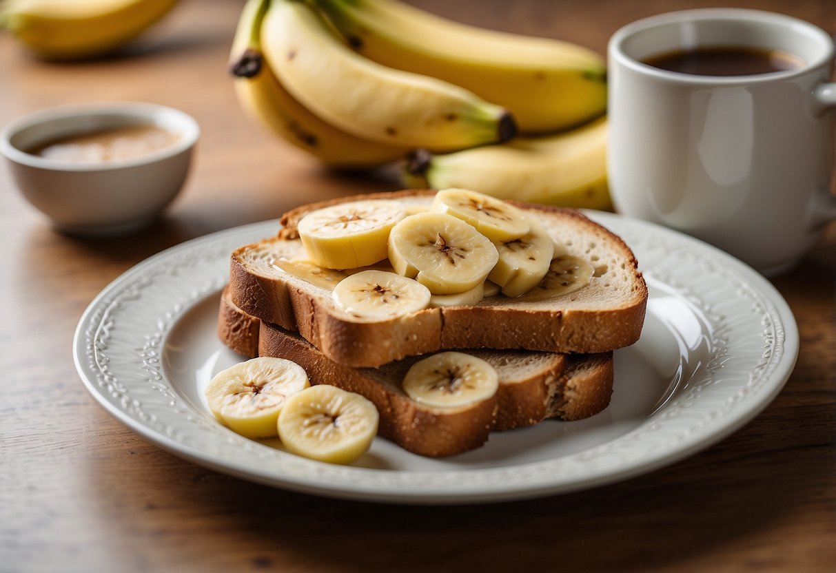 A slice of toast with almond butter and sliced bananas on a plate, next to a cup of coffee and a piece of fruit