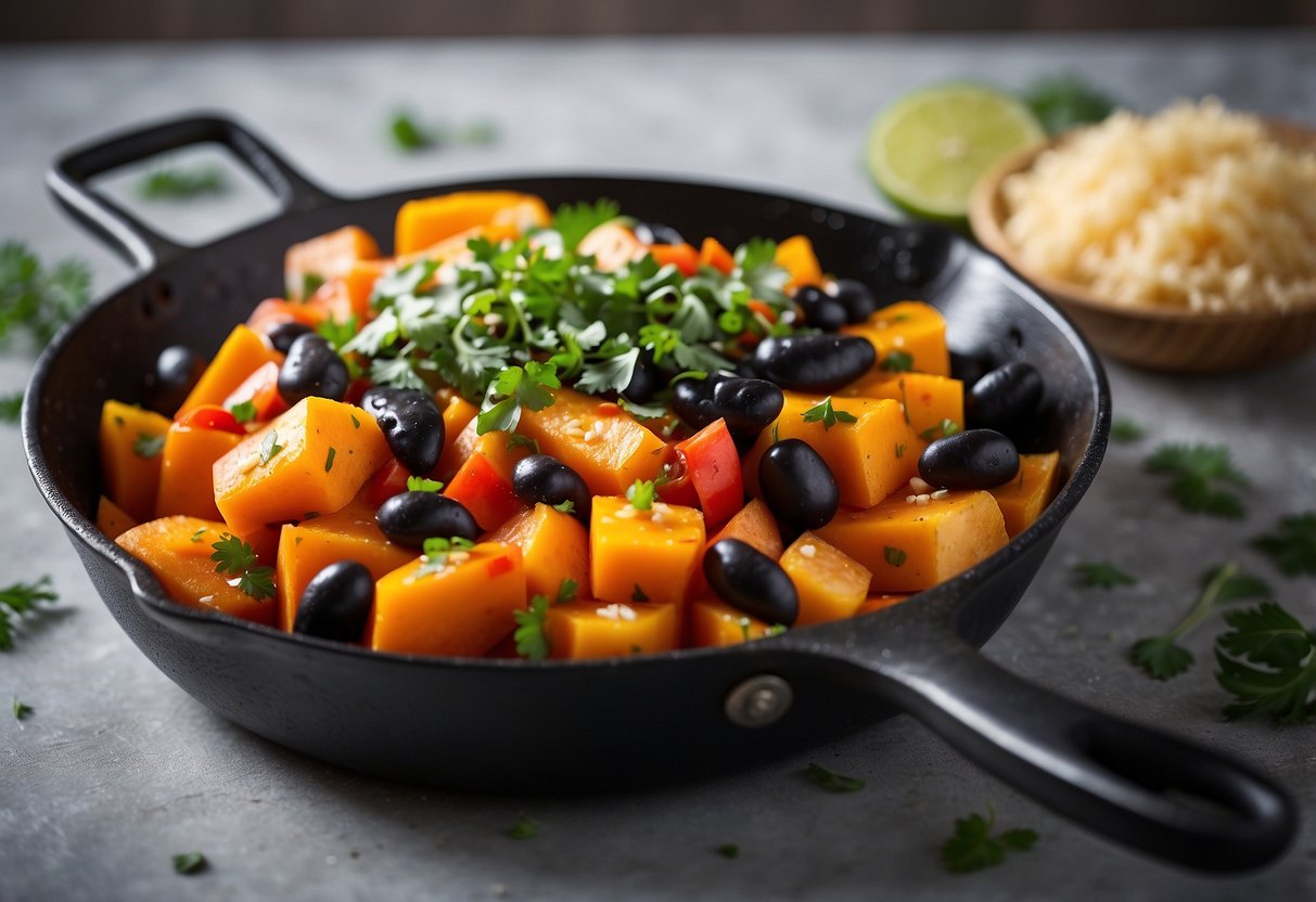 A sizzling skillet of sweet potatoes, black beans, and colorful bell peppers, topped with a sprinkle of fresh herbs and a drizzle of hot sauce