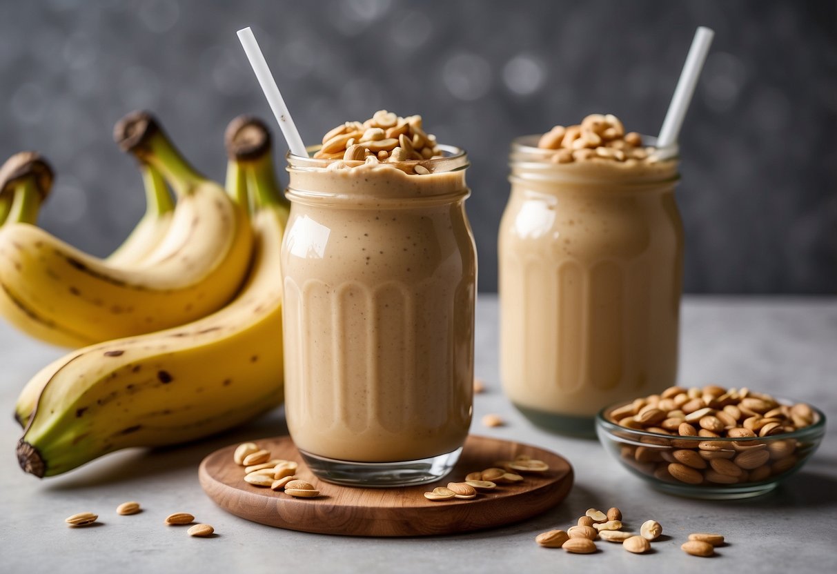 A tall glass filled with a creamy peanut butter protein smoothie, surrounded by ingredients like bananas, oats, and almond milk. A spoon rests on the side, ready to be used