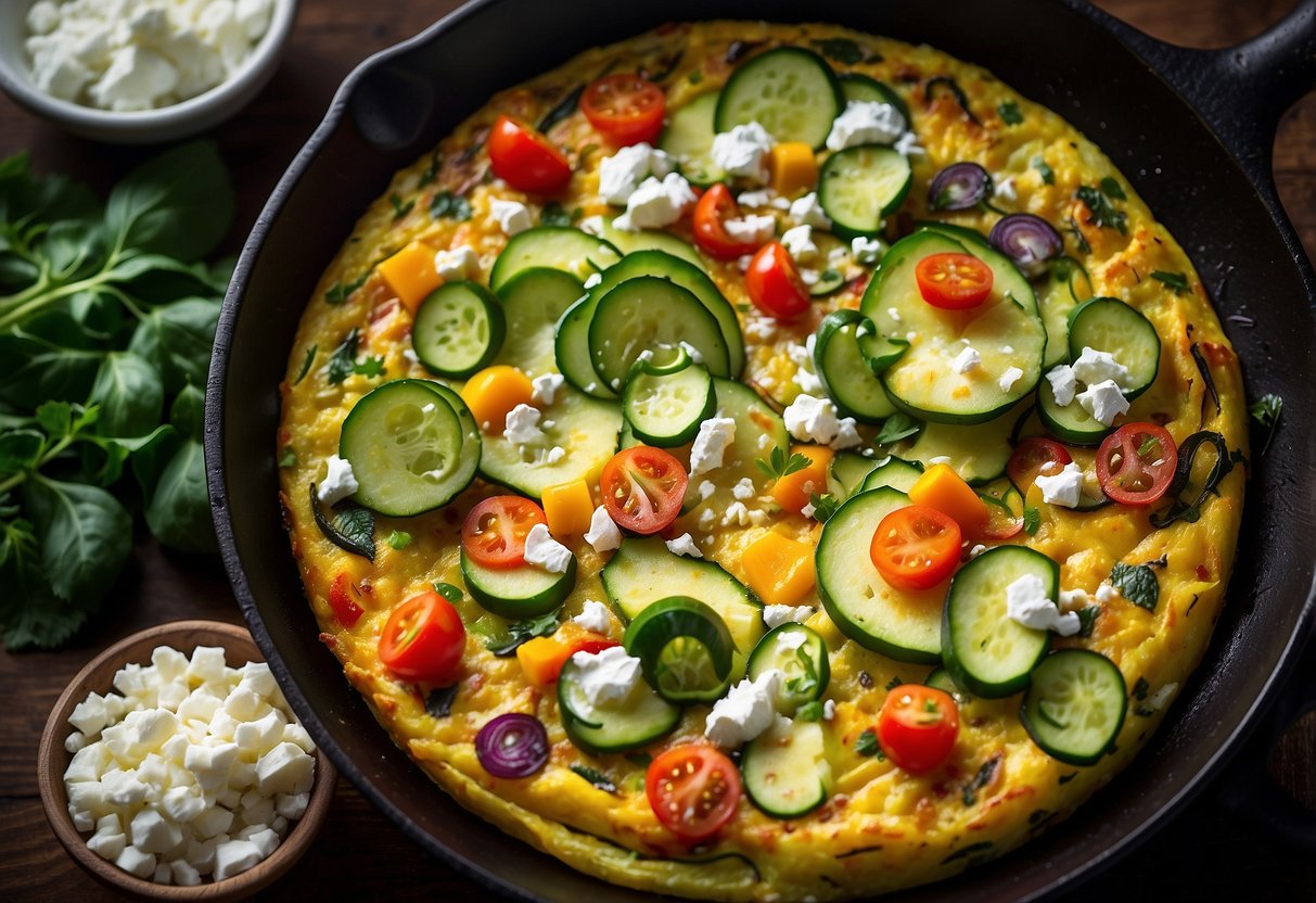 A sizzling frittata in a cast iron skillet, with zucchini and feta cheese bubbling and browning on top, surrounded by a colorful array of fresh herbs and vegetables