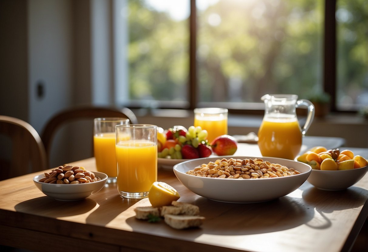 A table set with a variety of nutritious breakfast options, including fruits, whole grain bread, yogurt, and nuts. A bright and inviting atmosphere with natural light streaming in through a window