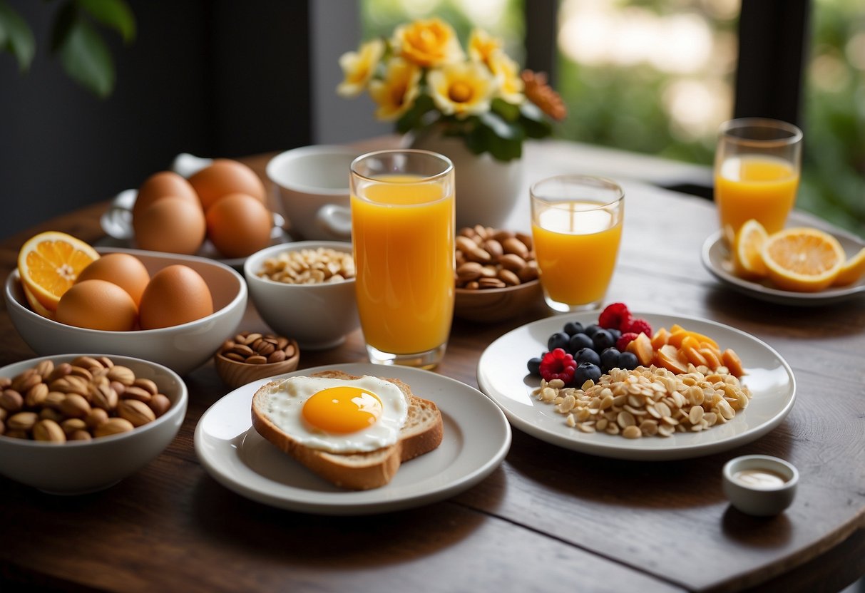 A table set with a variety of breakfast foods: eggs, oatmeal, fruit, yogurt, toast, and nuts. A glass of orange juice and a cup of coffee accompany the spread