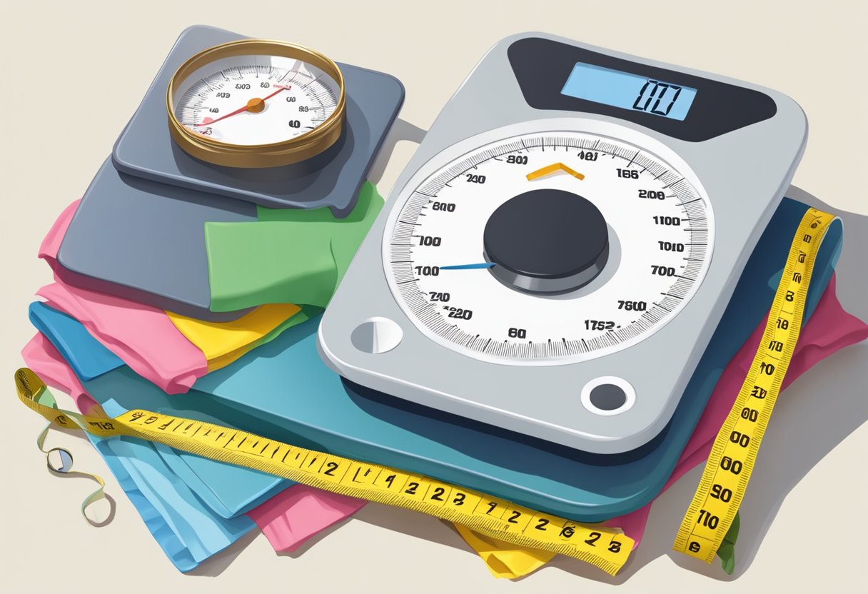 How Long Does It Take to See Noticeable Weight Loss: A scale with decreasing numbers, a measuring tape wrapped around a shrinking waistline, and a pile of too-big clothes