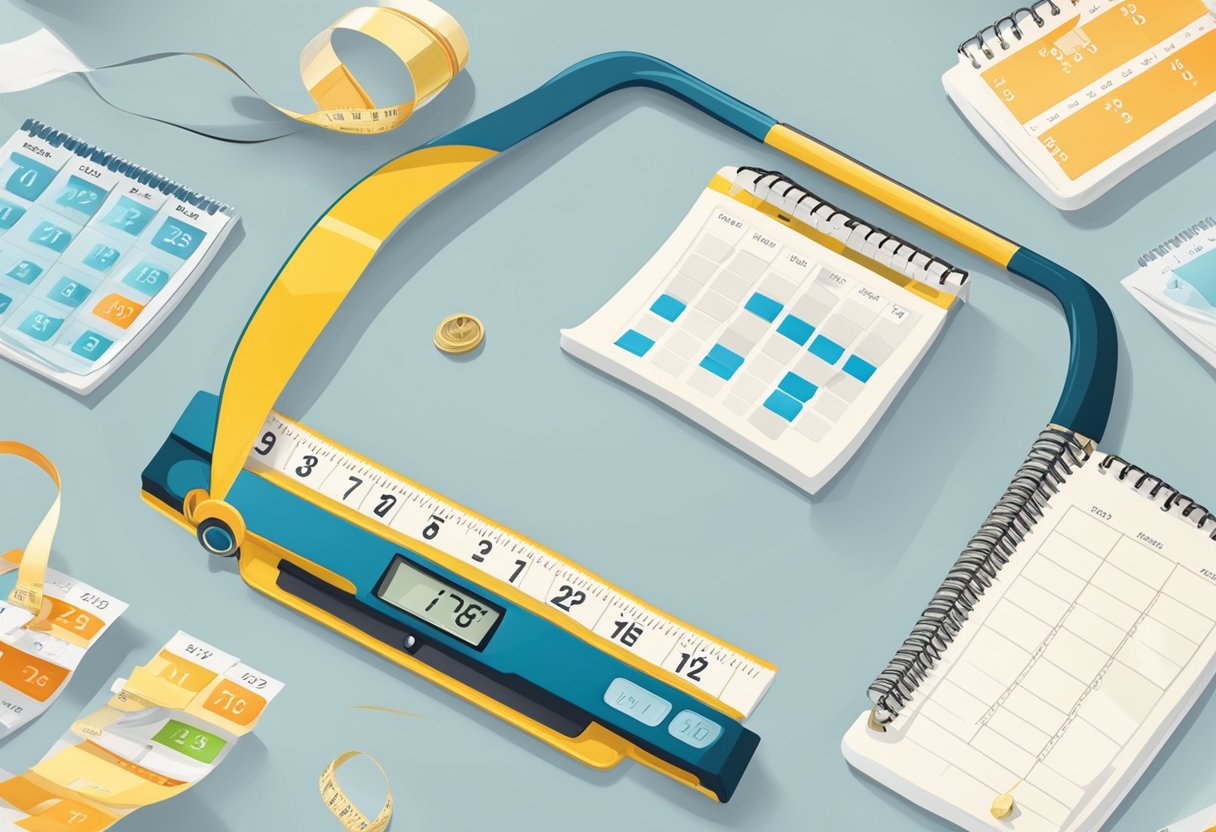 How Long Does It Take to See Noticeable Weight Loss: A scale displaying decreasing numbers, a tape measure around a shrinking waist, and a calendar marking progress