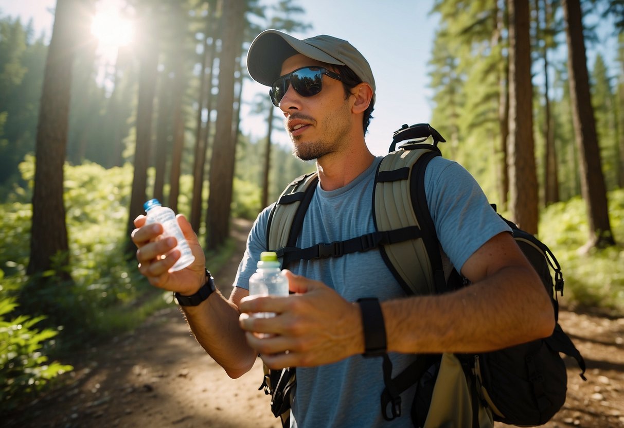 A geocacher holds a water bottle while navigating a trail. Sun shines overhead as trees provide shade. A map and GPS device are nearby. The geocacher takes a drink, staying hydrated