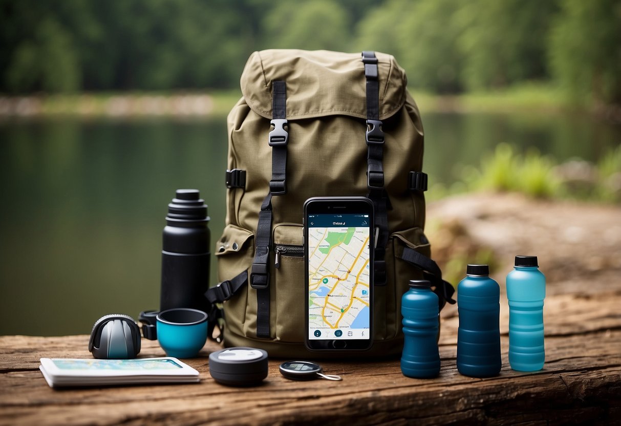 A backpack with a water bottle attached, surrounded by a map, compass, and geocaching tools. A reminder app notification pops up on a phone