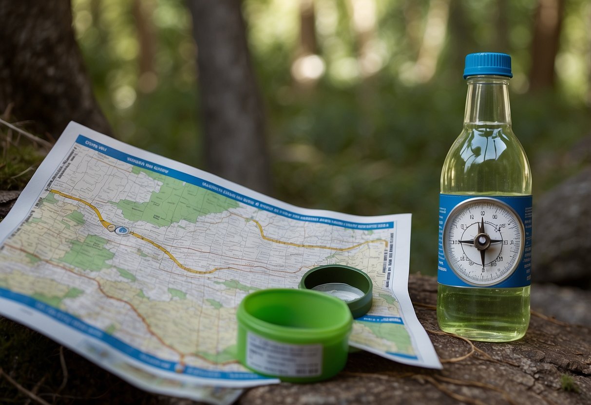 A bottle of electrolyte-infused water sits next to a map and compass on a rocky trail. Trees and bushes surround the path, with a geocache hidden in the distance