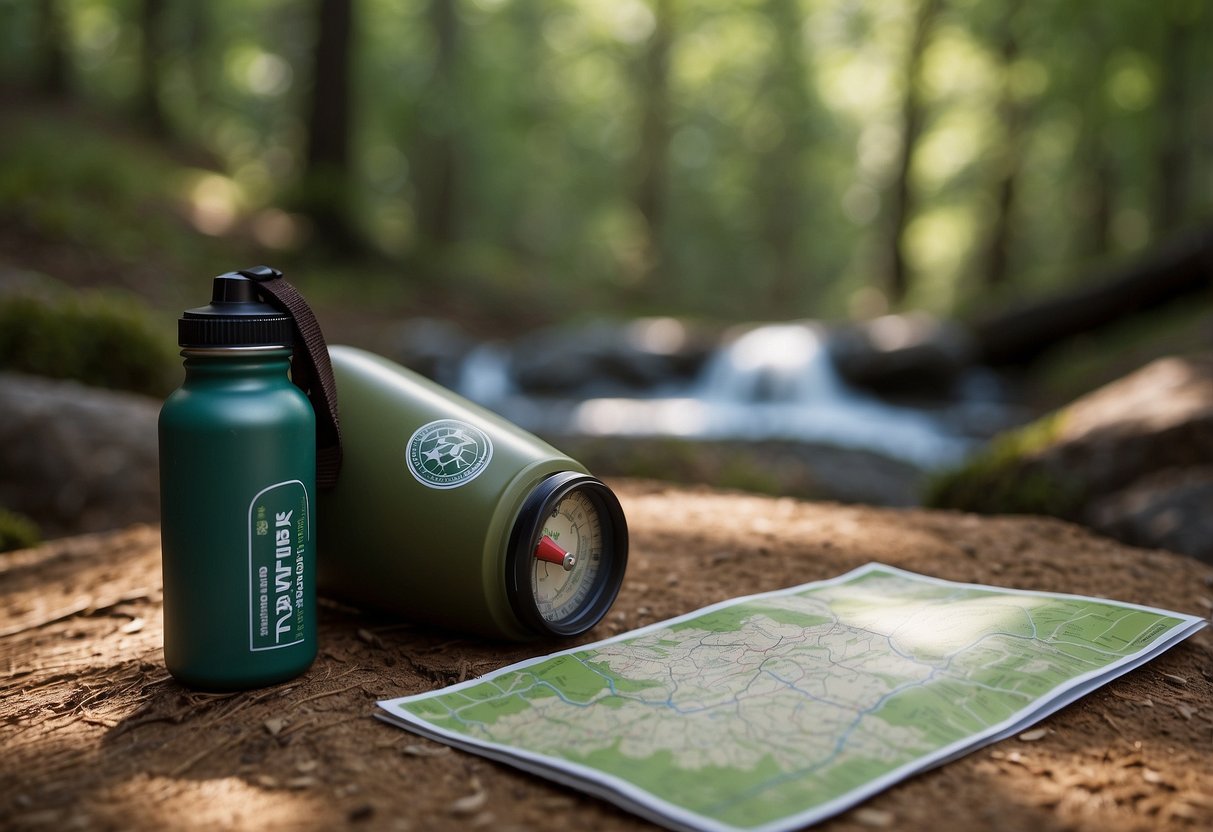 A water bottle sits beside a geocaching map and compass. Trees and a trail are in the background. No caffeine products are present