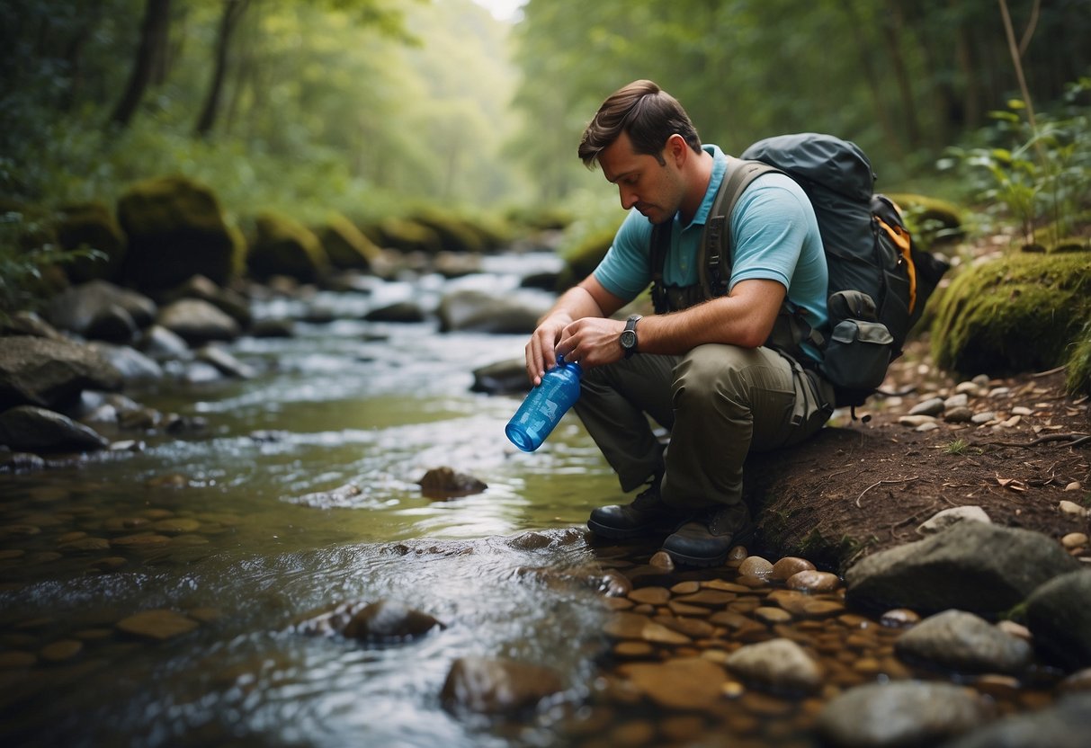 A geocacher pauses by a babbling brook, taking a break to drink from a water bottle. Nearby, a map and compass lay on the ground