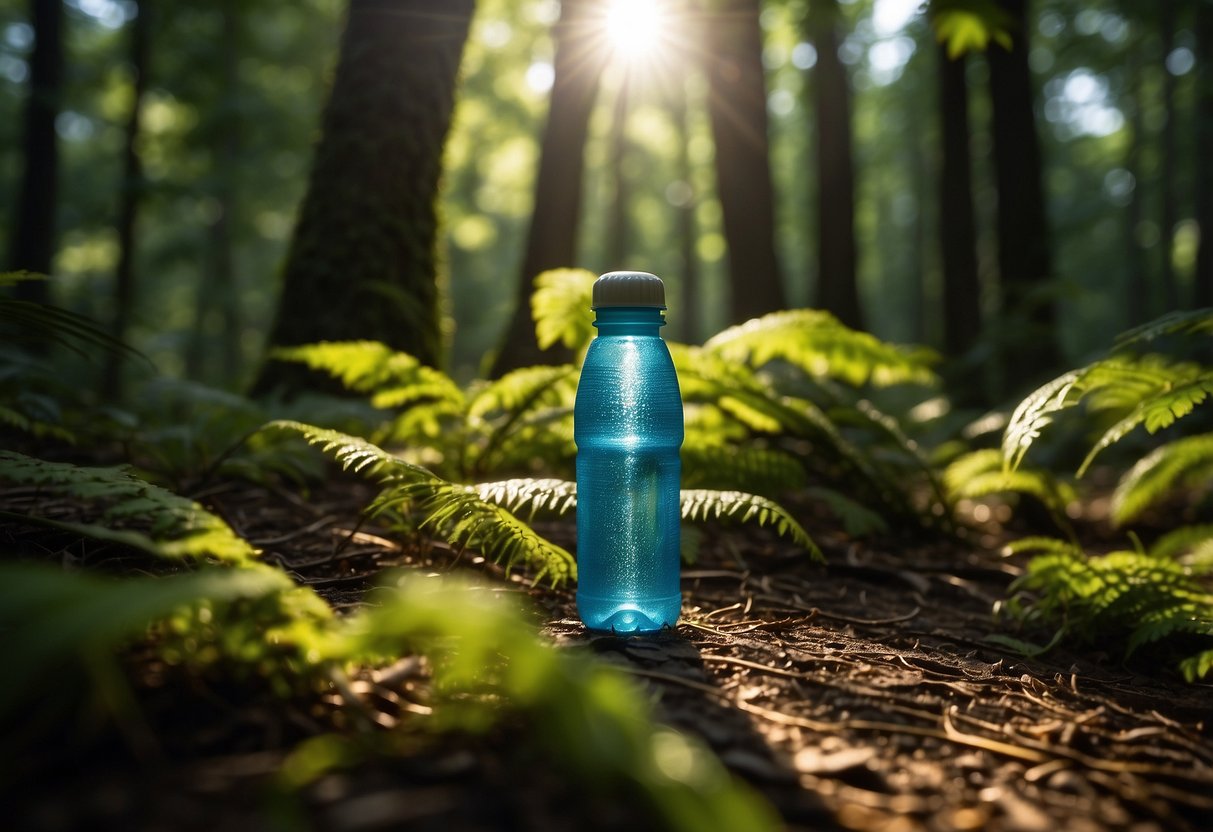 A person wearing breathable clothing holds a water bottle while geocaching in a lush forest. Sunlight filters through the trees, casting dappled shadows on the ground