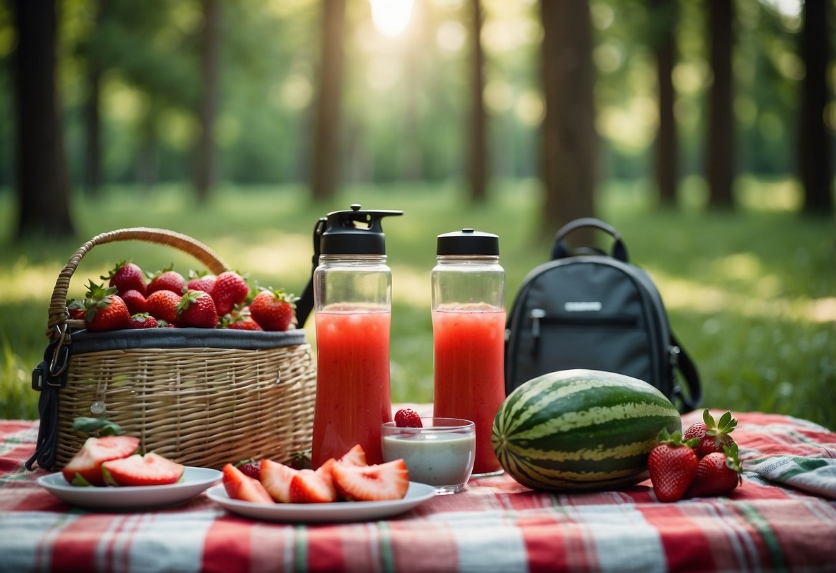 A picnic blanket spread with watermelon, cucumber, and strawberries. A backpack and water bottle sit nearby. Trees and a GPS device hint at outdoor adventure