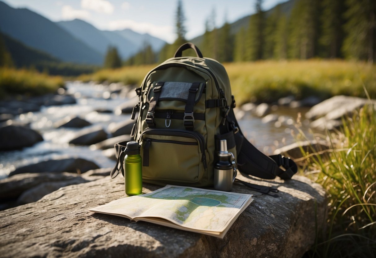 A geocacher's backpack with a water bottle, map, and compass sits on the ground next to a trail marker. The sun shines overhead as a clear stream flows nearby