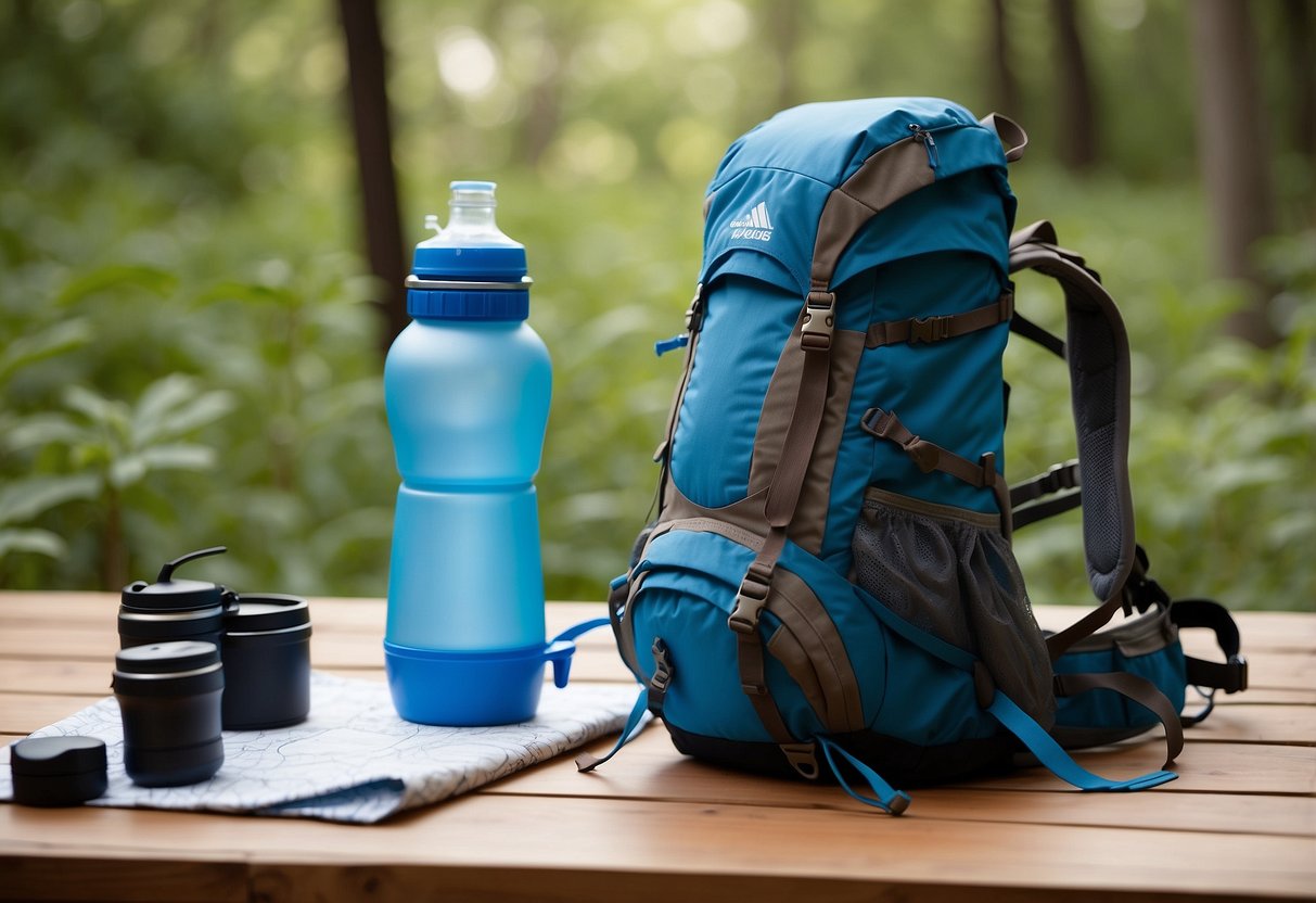 A backpack with a water bladder, a hydration pack, a water bottle, a water filter, and a map and compass laid out on a table