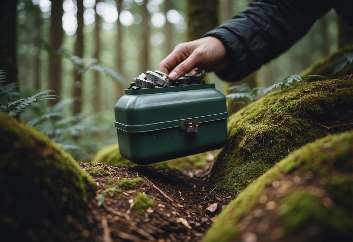 A hand wearing a durable glove reaches into a hidden geocache container in a forest, protecting against thorns and rough terrain