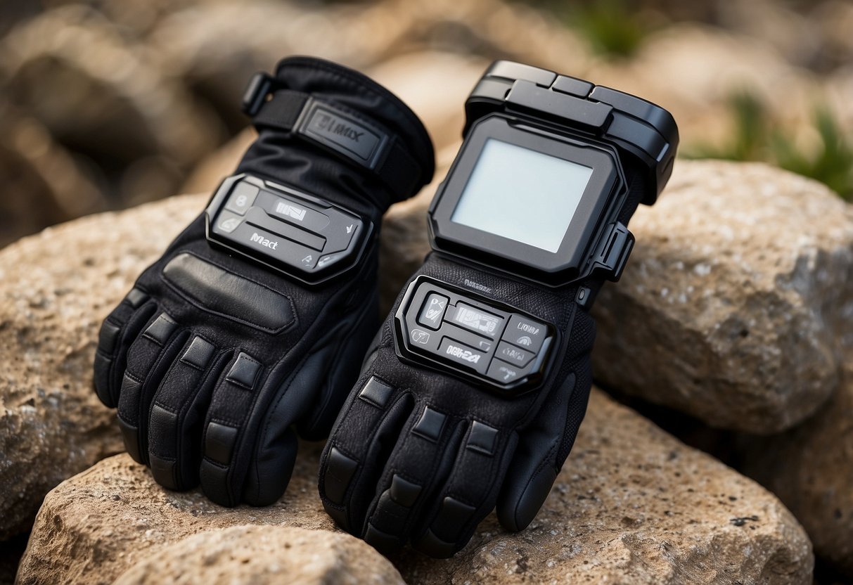 A pair of Mechanix Wear M-Pact Tactical Gloves lying on a rocky surface, with a geocaching GPS device and a small container hidden in the background