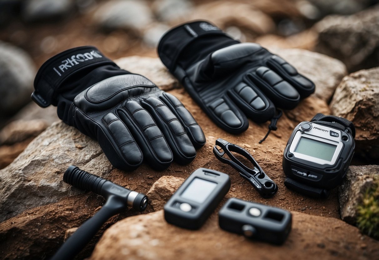 A pair of FREETOO Knuckle Tactical Gloves laying on a rocky surface, surrounded by geocaching tools and equipment